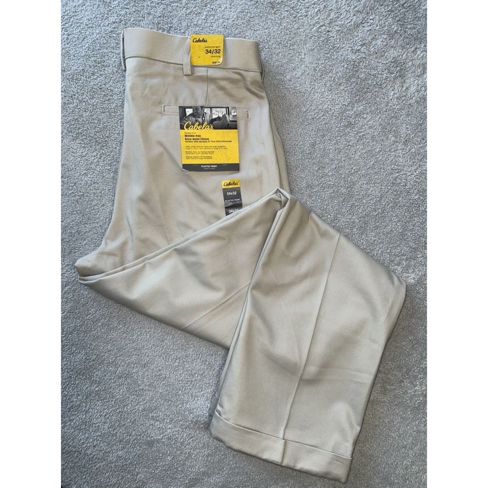 NWT MENS CABELA'S CASUAL PLEATED CUFFED 100%‎ COTTON KHAKI PANTS SIZE 34X32